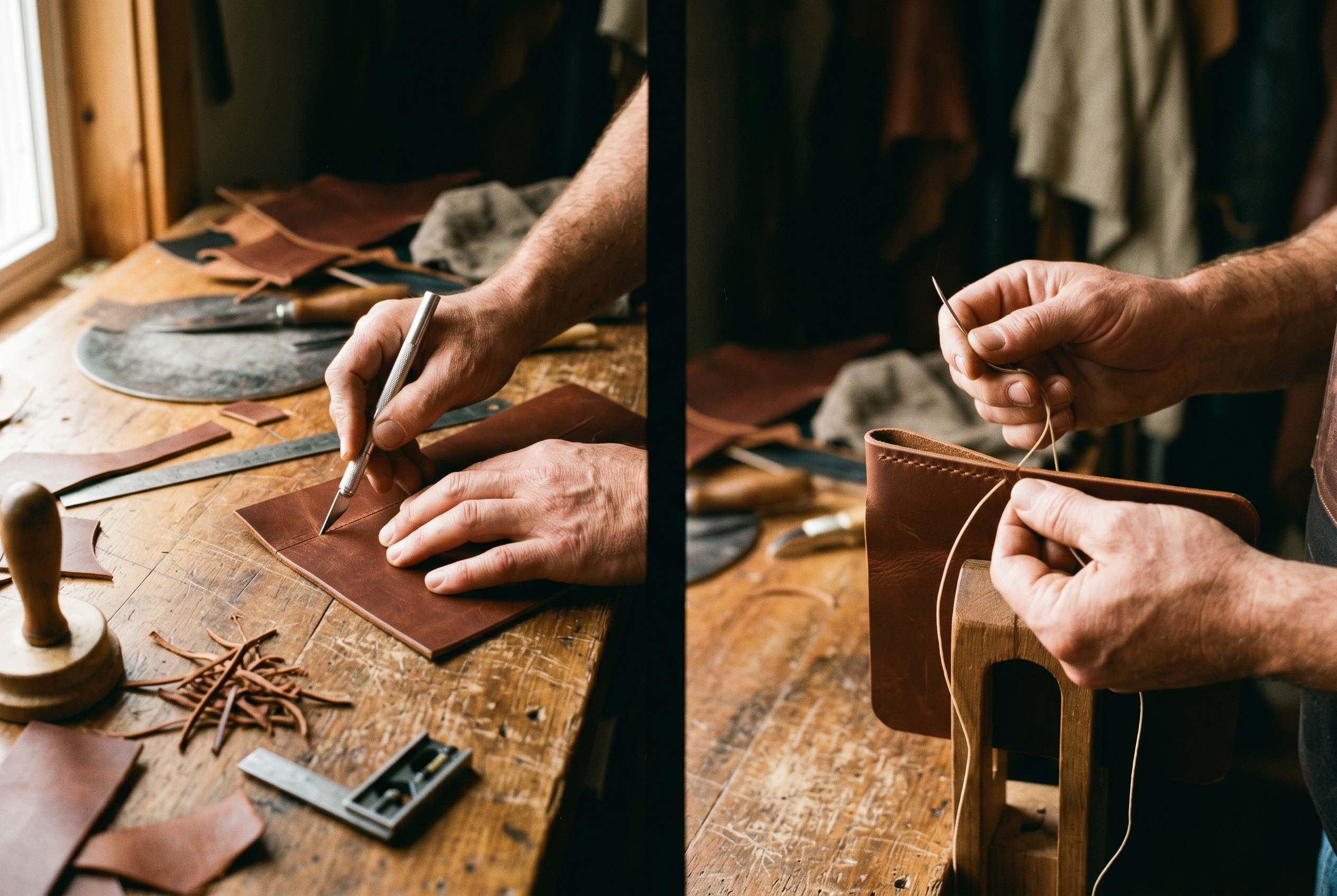 Artisan crafting leather by hand